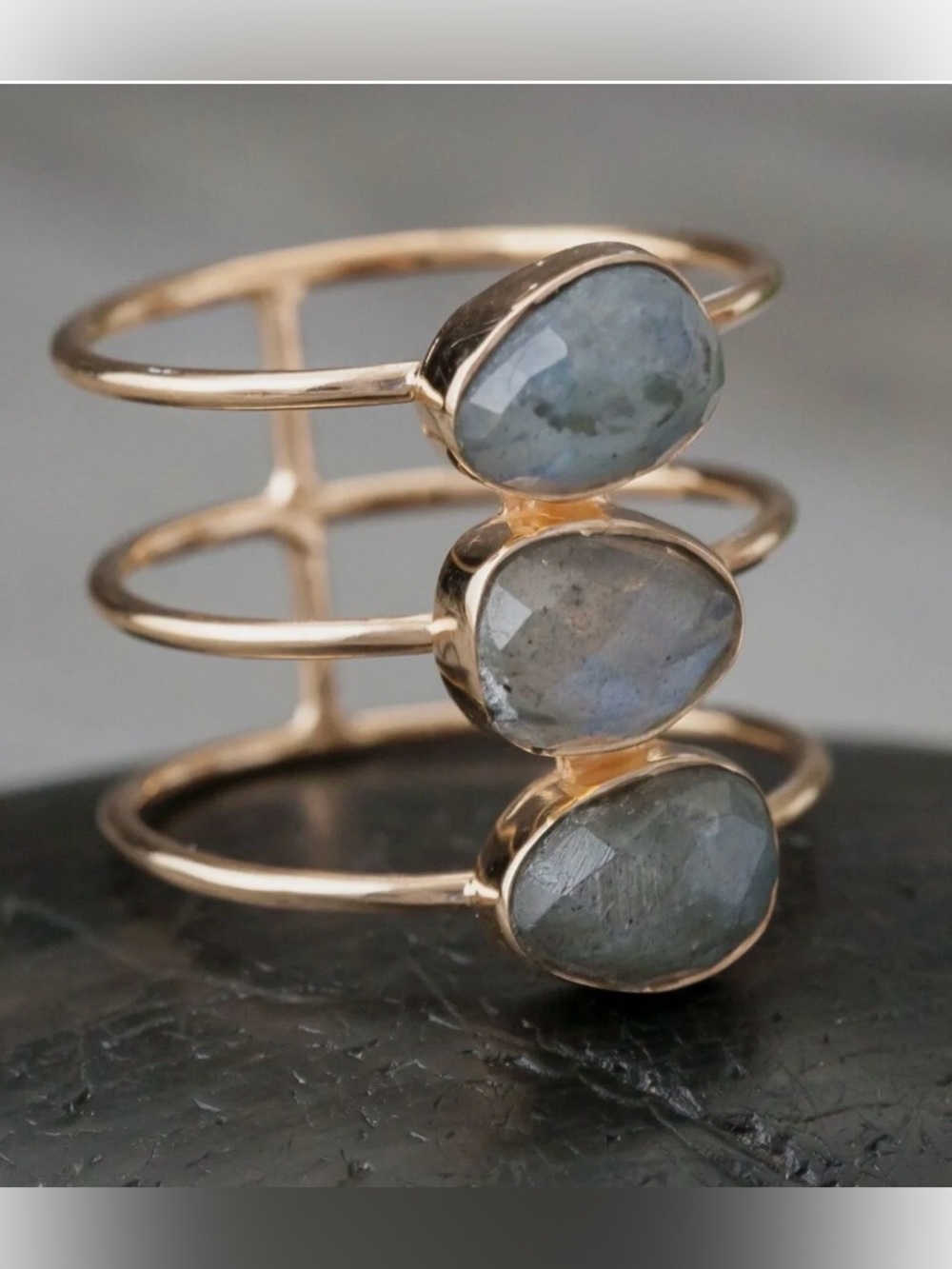 Gold Triple-Band Ring with Labradorite Stones - Women Jewelry